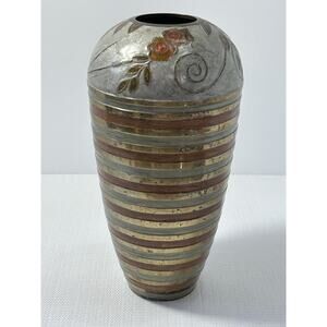 Vintage Brass Cloisonne Flower Decor‎ Vase~Floral~Earthtones~India~10.25"
